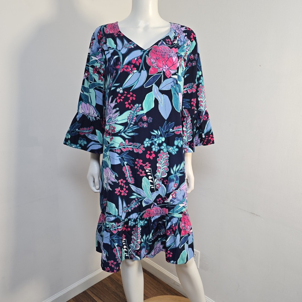 Chicos Shift Dress Tropical Floral Size 2.5 L 14 3/4 Sleeve Vacation V-Neck
